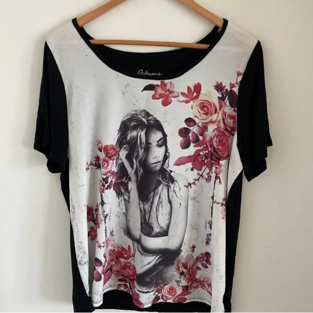 Reitmans Black & White Tee with Pink Floral Portrait